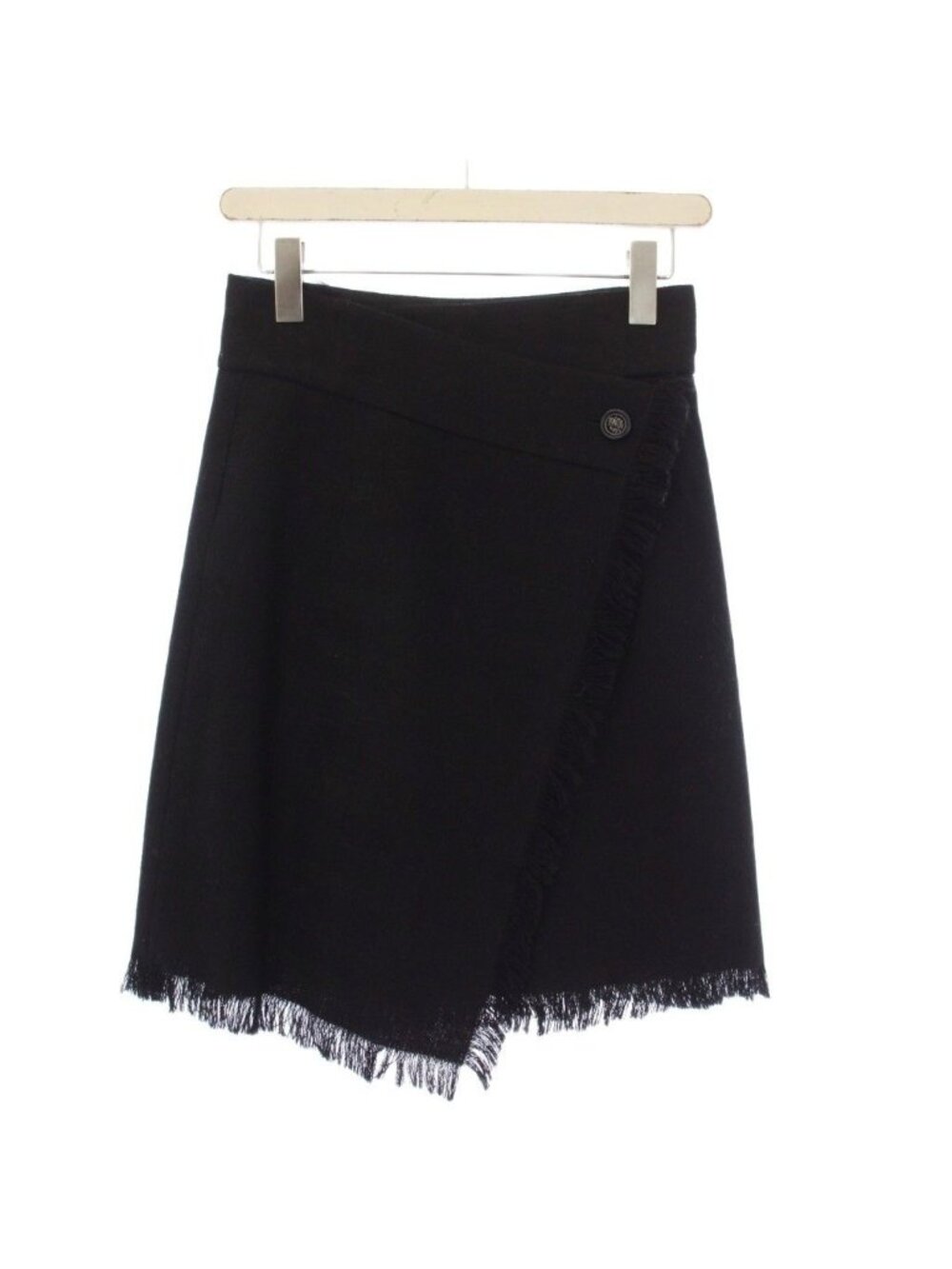 Chanel Tweed Wrap Skirt Trapezoid Knee Length Fringe 34 Black